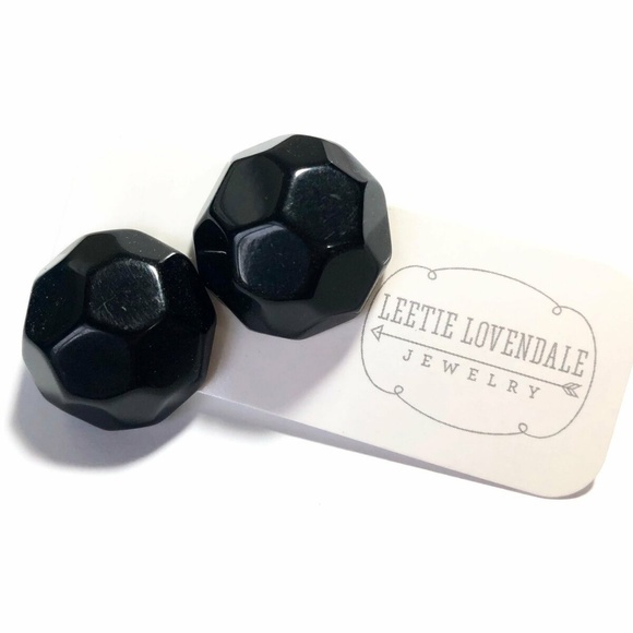 Black Faceted Retro Button Stud Lucite Earrings - Picture 2 of 8